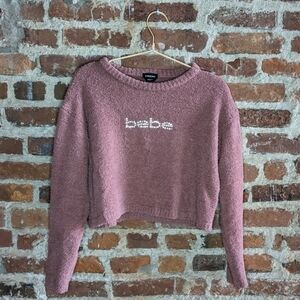 bebe Small Rose‎ Cozy Bedazzled Cropped Crew Neck Pullover Sweater